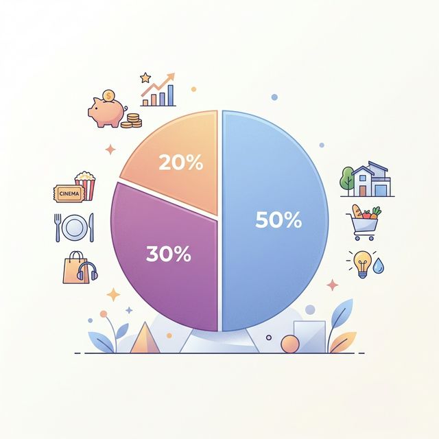 Pie chart showing the 50/30/20 budget split between needs, wants, and savings