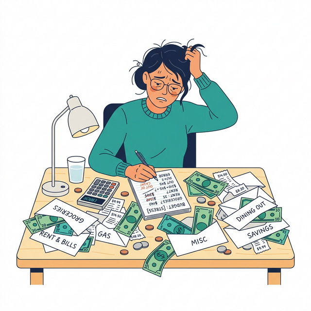 Illustration of a stressed person struggling with messy physical paper cash envelopes