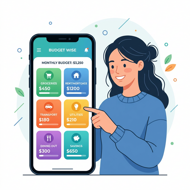 Illustration of a person using a modern digital envelope budgeting app on a smartphone