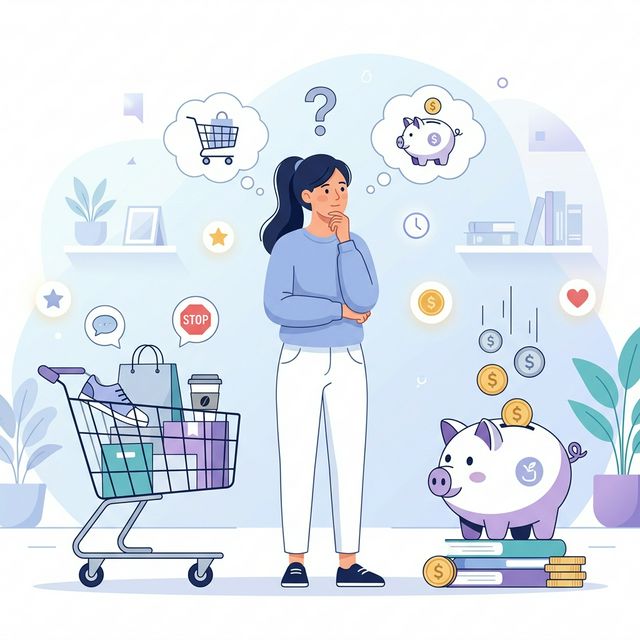 Person thinking before making a purchase, choosing between a shopping cart and savings